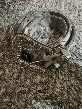 BHW White Leather Cowhide & Cross Embellished Women’s Belt